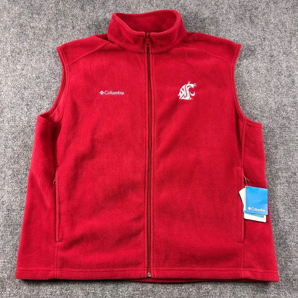 Columbia Fleece Vest Mens XXL Red WSU Cougars Collegiate Flanker‎ Full Zip NWT